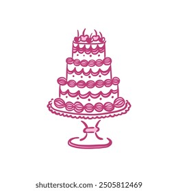 Wedding cake in vintage classic style with cherries. Isolated vector illustration on white background. A holiday dessert in a whimsical hand-drawn style.