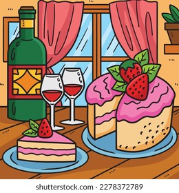 Wedding Cake And Wine Colored Cartoon Illustration