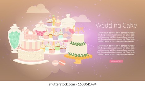 Wedding cakes 3 tiered delicious with white icing decorated with cream rose, bridal cupcakes and sweets web shop vector illustration. Wedding confectionary and cakes web banner.