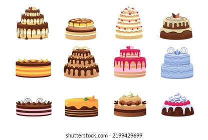 Wedding cakes. Cartoon sweet celebration dessert, colorful various pastry and bakery with cream glaze fruits and biscuits. Vector party cake isolated set. Chocolate and vanilla tastes