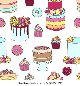 Wedding cakes, cupcakes, donuts seamless pattern. Doodle hand drawn illustration. Cakes and cupcakes decorated with cream, berries and flowers.