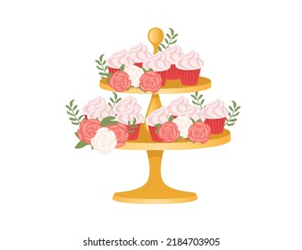 Wedding cakes decorated with rose flowers on gold stand vector illustration isolated on white background