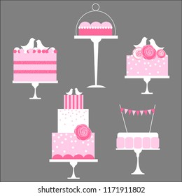 Wedding cakes. Dessert table. Pink colors. Vector illustration.