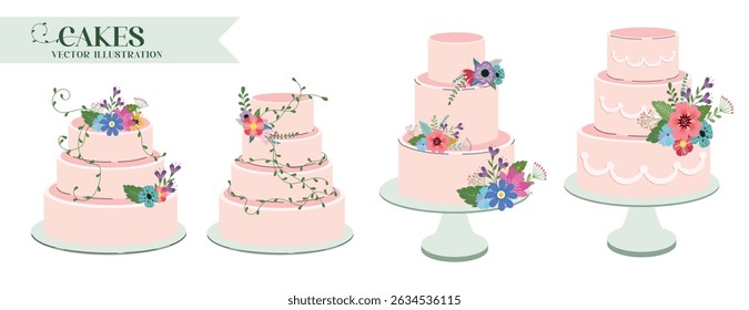 Wedding cakes elegant elements clipart set. Pink cake dessert clip art with flowers decoration in simple minimal strawberry flavor collection for anniversary celebration vector illustration. 
