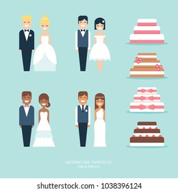 Wedding cakes and figurine toppers flat vector icon set