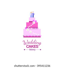 Wedding cakes flat icon for card invitation. Cartoon wedding cake with bride and groom figures and floral decor. Bakery vector logo. 