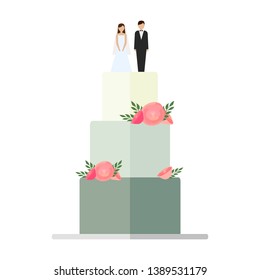 Wedding cakes with floral decoration isolated on a white background. Wedding pie with bows and toppers bride and groom Vector illustration