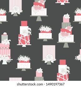 Wedding cakes with flowers.  Vector  seamless pattern 