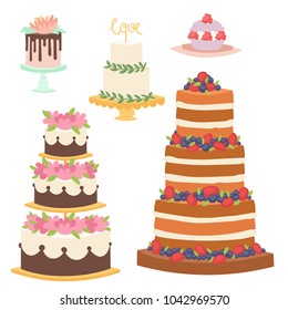 Wedding cakes fresh tasty dessert sweet pastry pie gourmet homemade delicious cream traditional bakery tart vector illustration.