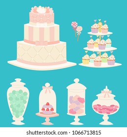 Wedding cakes fresh tasty dessert sweet pastry pie gourmet homemade delicious cream traditional bakery tart vector illustration.