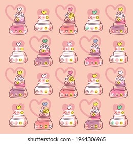 Wedding cakes and hearts on a pink background. Wedding stylized pattern. Flat vector illustration.