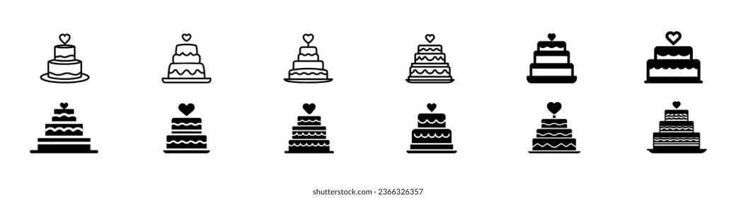 Iconos de pasteles de bodas, Icono de glifo de pastel de amor apilado, Día de San Valentín y romántico, signo de torta de bodas, postre de pasteles de boda con línea de topper de corazón, icono de aplicaciones y sitios web de comida, Icono de línea de torta variada