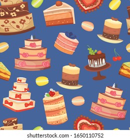 Wedding cakes seamless pattern of sweet baked vector isolated cakes. Strawberry cake for holiday, baked chocolate cake for gourmet, birthday celebration cherry cake bakery with fruit background.