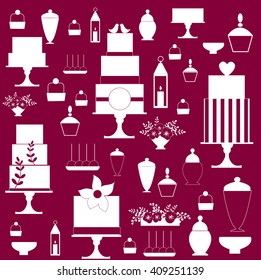 Wedding cakes and sweet table. Candy Buffet. Dessert bar. Vector pattern.