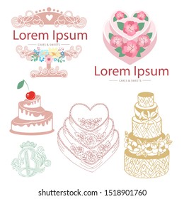 Wedding cakes vector illustrations. Set of logos for bakeries