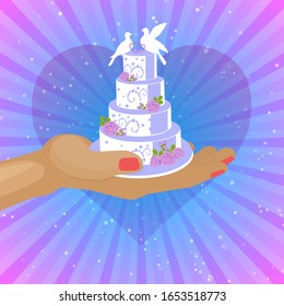 Wedding cakes with white icing decorated with cream rose, bridal couple of doves poster vector illustration. Wedding confectionary cake on hand with heart background.