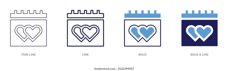 Ícone do calendário de casamento em 4 estilos diferentes. Linha fina, Linha, Negrito e Linha Negrito. Estilo duotônico. Traçado editável.