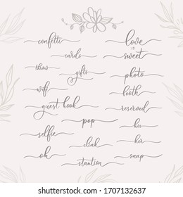 Inscripciones caligráficas de bodas - bienvenidos, su,ella, tarjetas, regalos, foto, cabina.