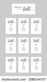 Wedding calligraphy guests seating cards, template with numbers and lettering