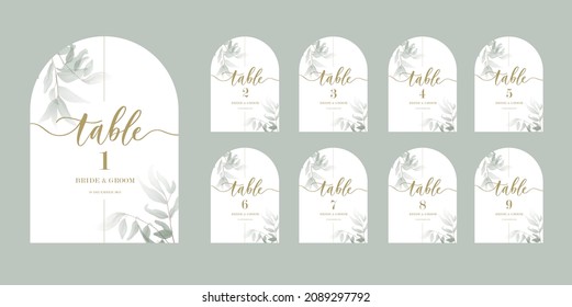Wedding calligraphy guests seating cards, template with numbers and green leaves