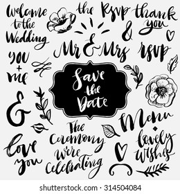 Wedding calligraphy and lettering collection. Ampersands and catchwords. Hand drawn design elements.