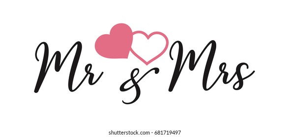 Wedding calligraphy postcard, banner or poster graphic design lettering vector element. Hand written wedding day romantic postcard decoration with pink hearts. Mr & Mrs