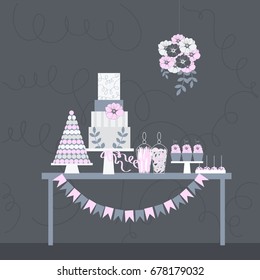 Wedding candy bar. Candy buffet with cupcakes and macaroons.  Birthday sweet table. Vector illustration. 