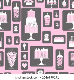 Wedding candy bar with cake. Dessert table. Vector  seamless pattern.
