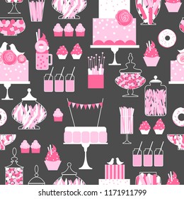 Wedding candy bar with cake. Dessert table.Pink colors.  Vector  seamless pattern.