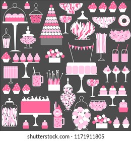 Wedding candy bar with cake. Dessert table.  Vector background