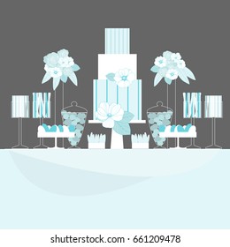 Wedding candy bar with cake. Dessert table. Vector illustration.