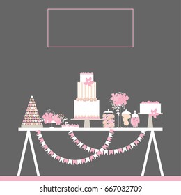 Wedding candy bar with cake. Dessert table. Vector illustration.