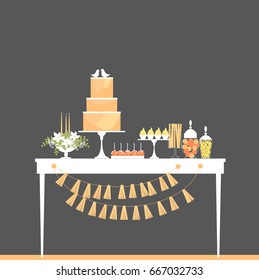 Wedding candy bar with cake. Dessert table. Vector illustration.