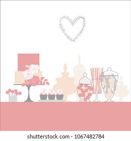 Wedding candy bar with cake and flowers. Dessert table.  Vector illustration.