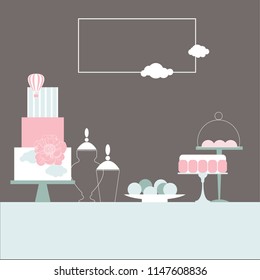 Wedding candy bar with cake and flowers. Dessert table.  Vector illustration.