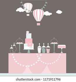 Wedding candy bar with cake and flowers. Dessert table.  Vector illustration.