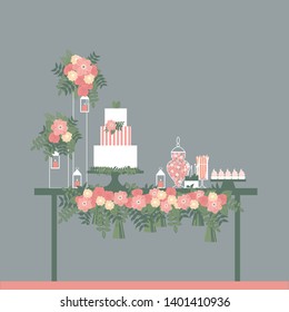 Wedding candy bar with cake and flowers. Dessert table.  Vector illustration.