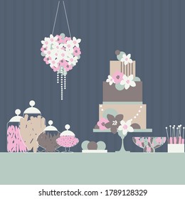 Wedding candy bar with cake and flowers. Dessert table.  Vector illustration.