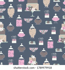 Wedding candy bar with cake and flowers. Dessert table.  Vector seamless pattern