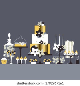 Wedding candy bar with cake and flowers.  Birthday dessert table.  Vector illustration.