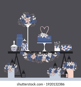 Bar de golosinas con pasteles y flores. Mesa de postre.  Ilustración vectorial.