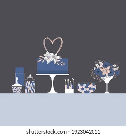Wedding candy bar with cake and flowers. Dessert table.  Vector illustration.