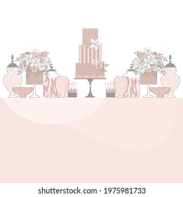 Wedding candy bar with cake and flowers. Dessert table.  Vector illustration.