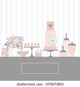 Wedding candy bar with cake and flowers. Dessert table.  Vector illustration.