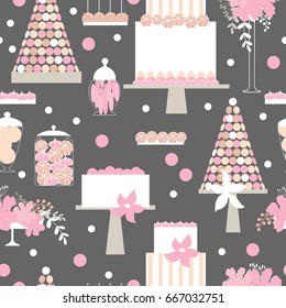 Wedding candy bar with cake and flowers. Dessert table. Vector pattern.
