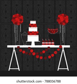 Wedding candy bar with cake and flowers. Dessert table.  Vector illustration.