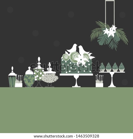 Wedding candy bar with cake and flowers. Dessert table.  Vector illustration.