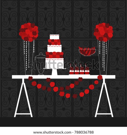 Wedding candy bar with cake and flowers. Dessert table.  Vector illustration.