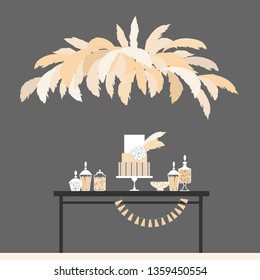 Wedding candy bar with cake and pampas grass. Dessert table.  Vector illustration.