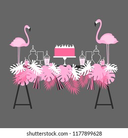 Wedding candy bar with cake. Tropical style with flamingos. Dessert table.  Vector illustration.
